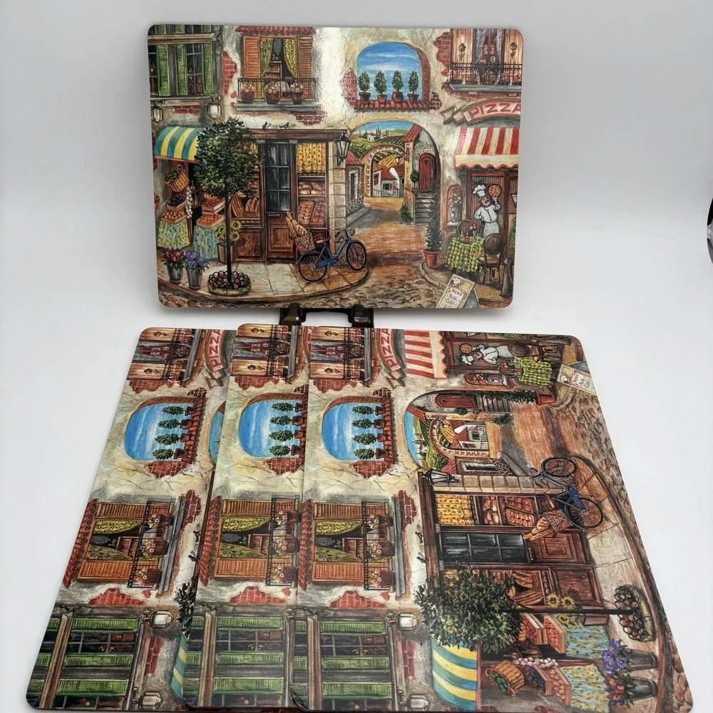 Cala Home Village Square Cork  Backed Placemats Set /4 European Street Scene Vtg